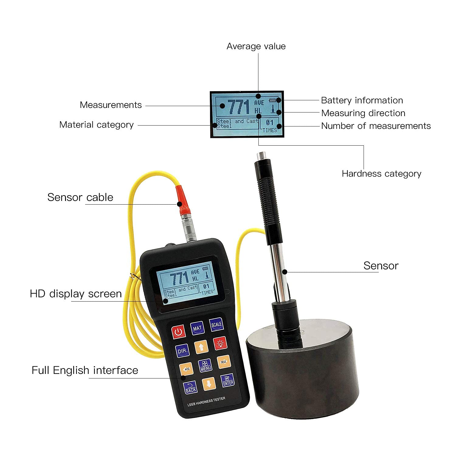 Tragbarer Leeb-Härteprüfer: Multiskala-Konvertierung (HL/HRC/HB/HV/HS/HRB/HRA), 170-960 HLD-Bereich, w/D-Typ-Schlaggerät & Testblock, 360° Allwinkel-Metallprüfung