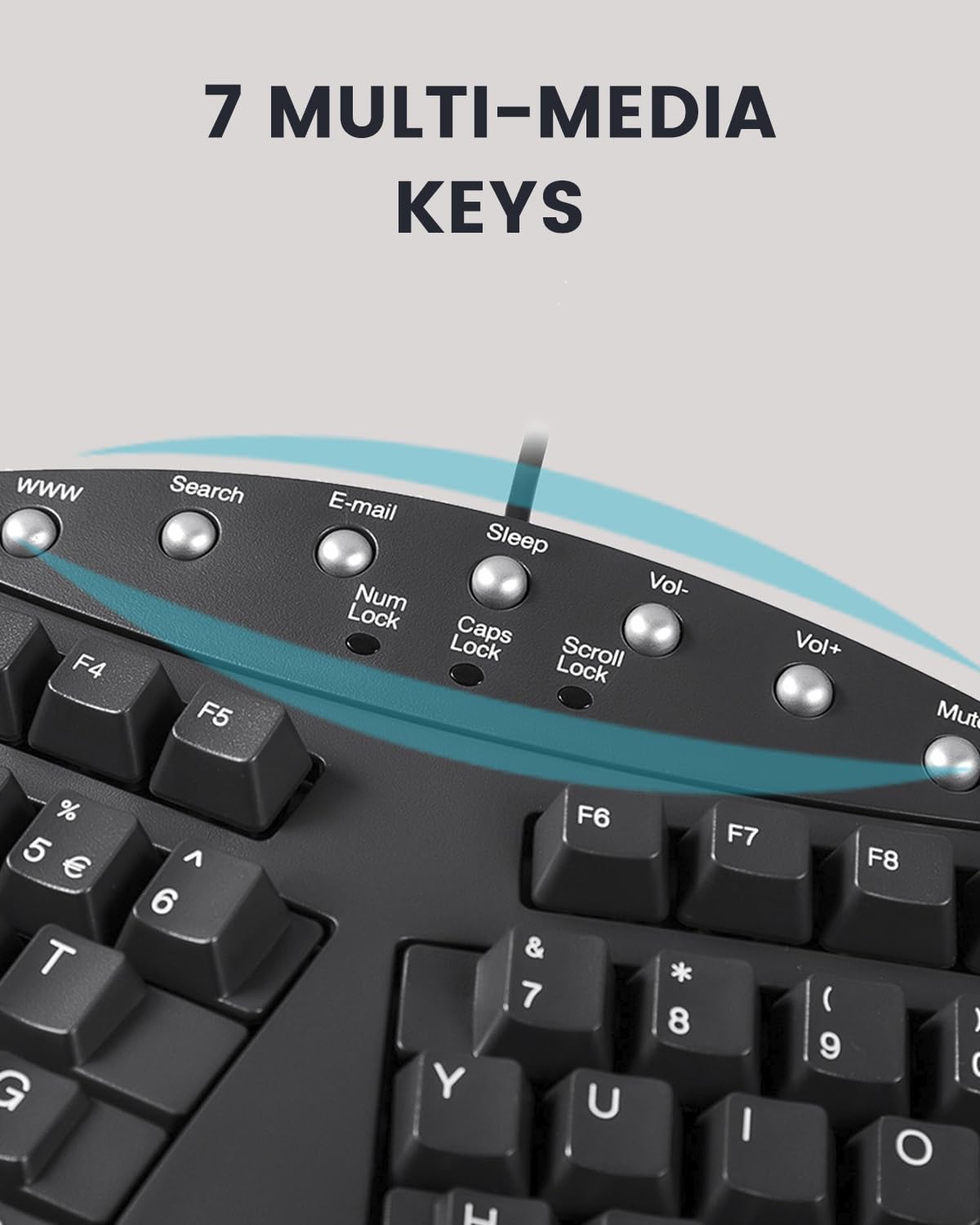 Perixx PERIBOARD-512 ergonomiczna łamana przewodowa klawiatura USB, 7 klawiszy multimedialnych, w kolorze czarnym, układ klawaitury: US QWERTY