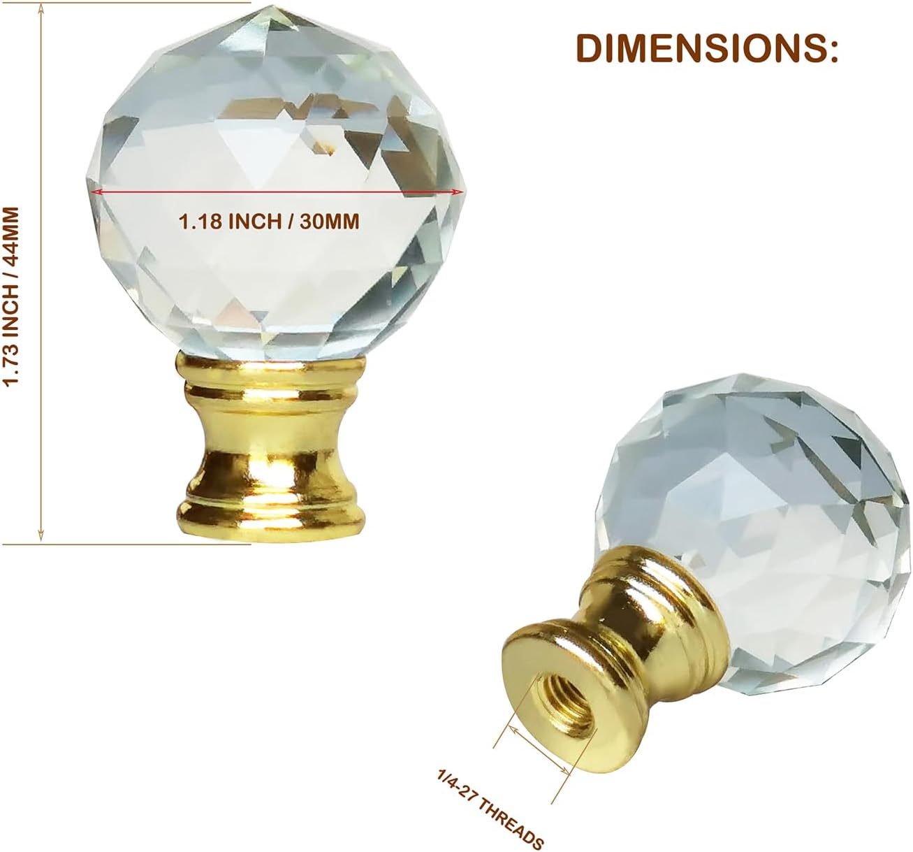 Crystal Glass Lamp Finials Decorative Lamp Shade Screw Top for Table and Floor lamp Shades Brass Base 2 pcs Pack (Brass)