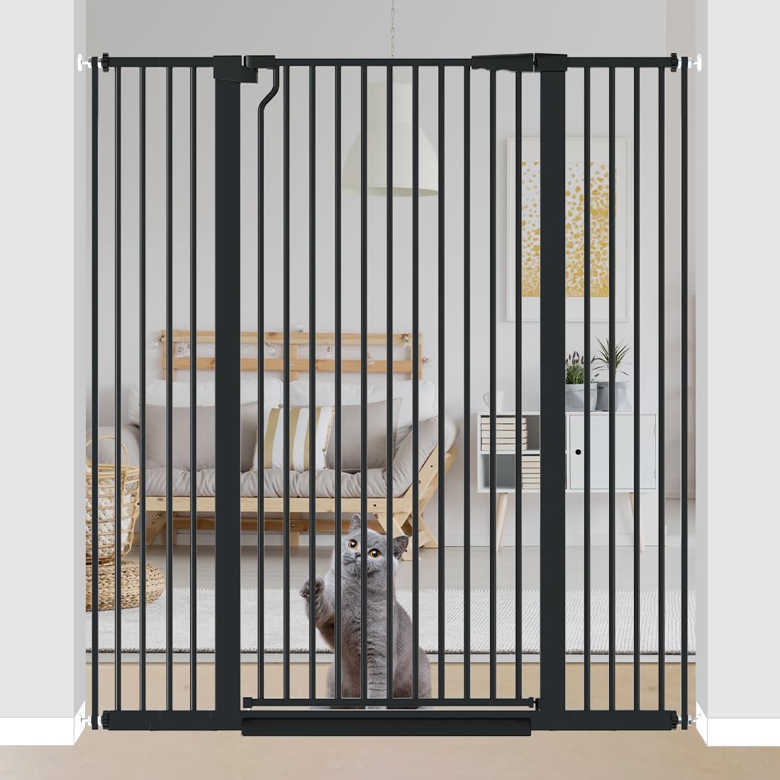 51.18" extra tall pet gate for cats dogs-29.6"-48.4" extra wide baby cat gate for stairs and doorways-1.37" ultra narrow spacing dog gate dog door with one-handed operation(29.6"-48.4") 29.6"-48.4" black