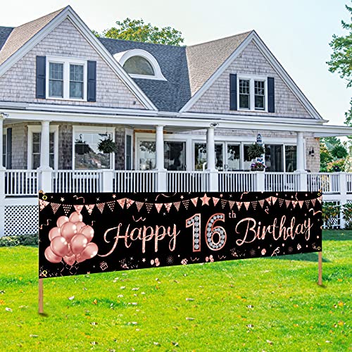 Happy 16th Birthday Banner Decorations for Girls Rose Gold Sweet 16 Birthday Party Supplies Funny Sixteen Birthday Yard Sign Decor for Outdoor