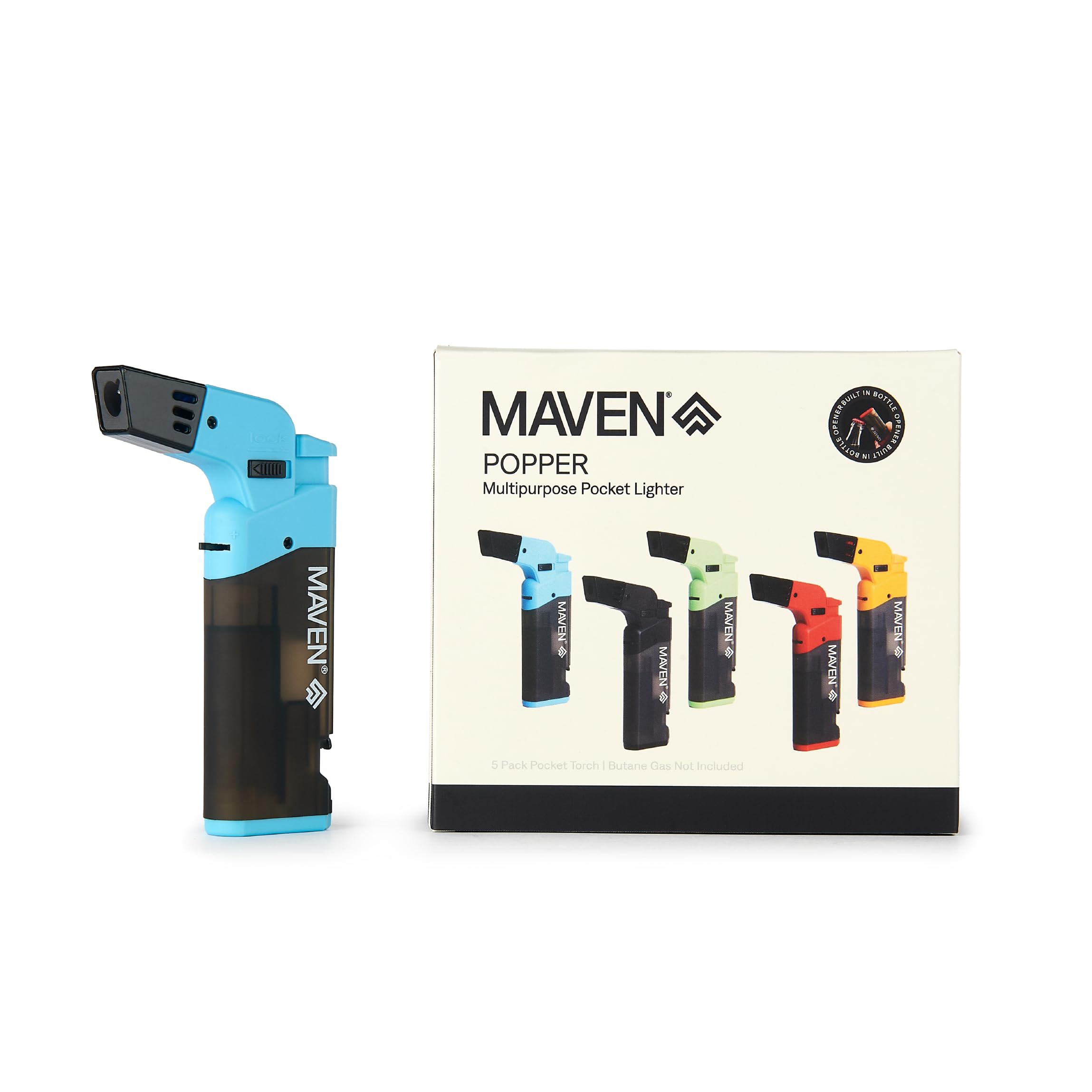 Popper Torch Lighters, 5 Pack, Refillable Butane Gas Lighters, Adjustable Jet Flame, Windproof Mini Pocket Torch for Kitchen, Candles, Cooking, Baking