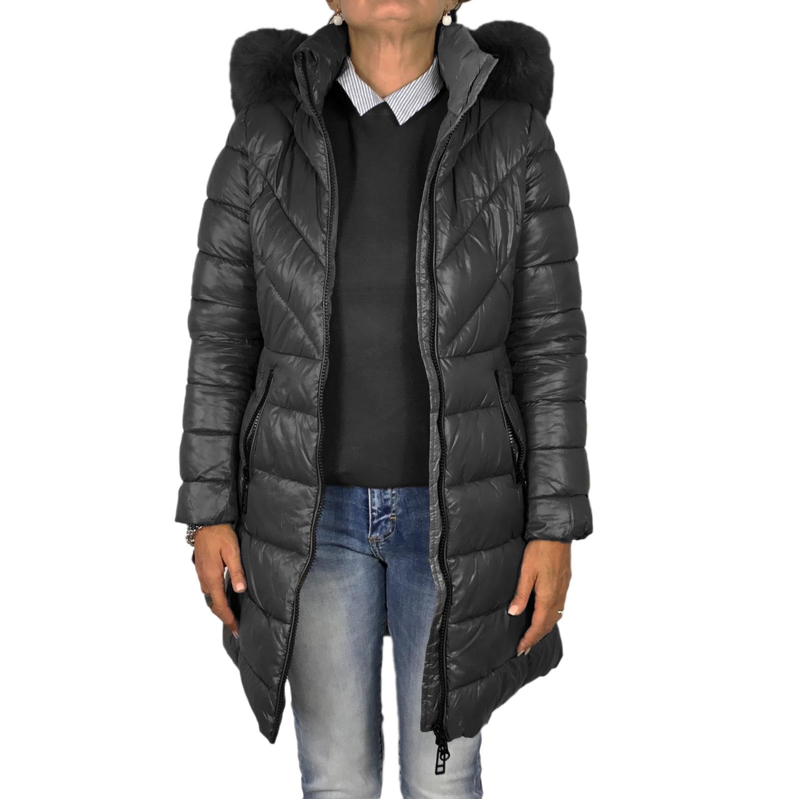 Piumino Donna Invernale Lungo Imbottito con Cappuccio in Pelliccia Giubbotto Invernale Elegante Casual