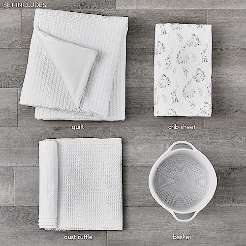 Image of Levtex Baby - Mills Waffle Crib Bed Set - Baby Nursery Set - White - White Textured Waffle - 4 Piece Set Includes Quilt, Fitted Sheet, Dust Ruffle and Rope Basket