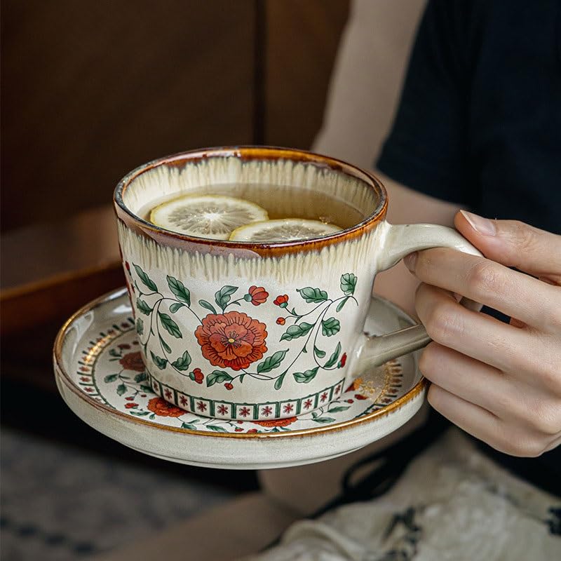 Porcelanowy kubek do kawy ze spodkiem, Średniowieczne ceramiczne filiżanki Latte Art ze spodkami do kawy zestaw domowej restauracji(Style1)