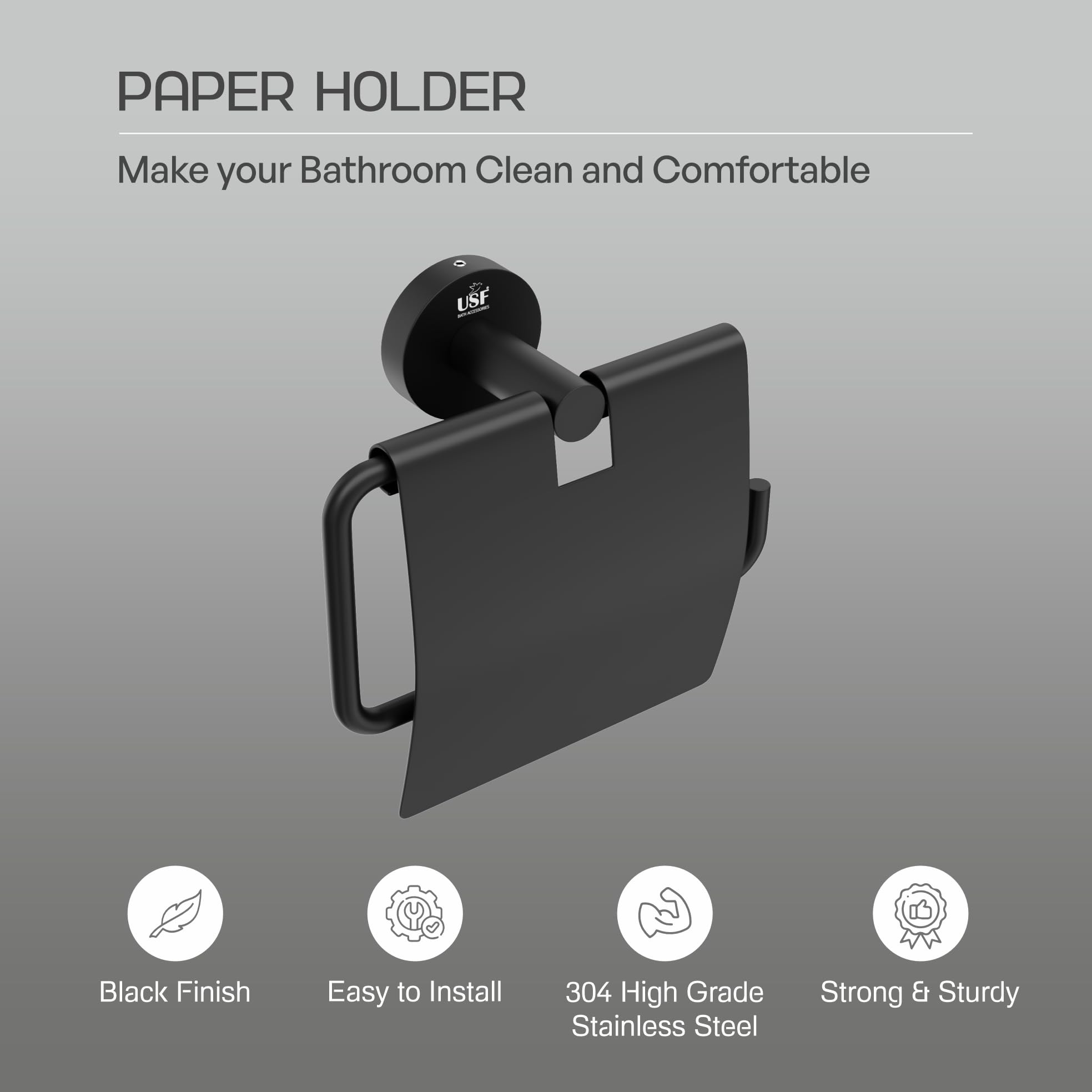 USF 304 Stainless Steel Toilet Paper Holder, Black Finish Tissue Roll Stand, Wall Mounted Toilet Tissue Holder for Bathroom, Corrosion Resistant, Modern Utility Design, 25 Years Warranty - Puma 1