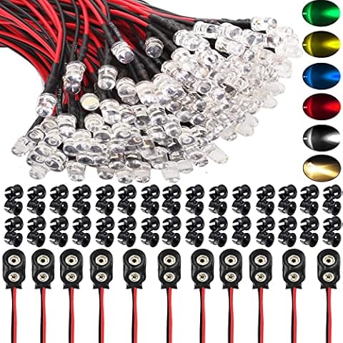 RUNCCI-YUN 60Pcs DC 12V Vorverdrahtetes Licht,5mm Leds mit 20cm Kabel,Vorverdrahtete LED-Dioden Licht Weiß Warm Weiß Rot Blau Grün Gelb +60Pcs 5mm Plastik LED Montageringe+9V Batterieanschluss Cover