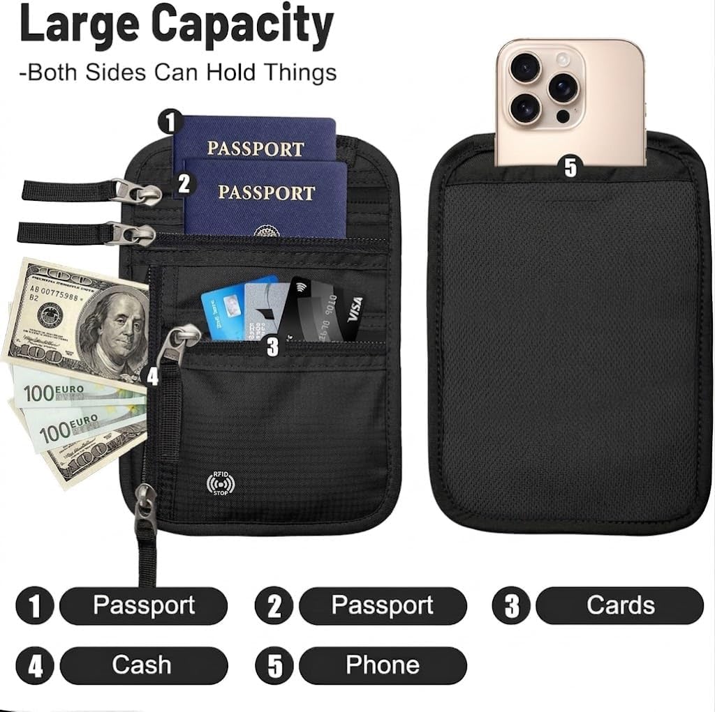 Travel Neck Wallet with RFID Blocking – Anti Theft Hidden Passport Holder for Men & Women, Slim Under Clothes Pouch with Zipper for Passport, Cards, Cash & Phone (Black)