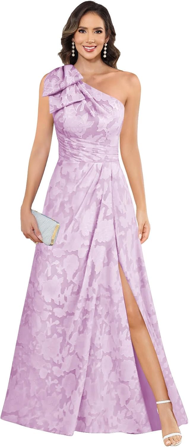 Mother of The Bride Dresses for Women One Shoulder Chiffon Floral A Line Pleated Formal Evening Dress with Slit