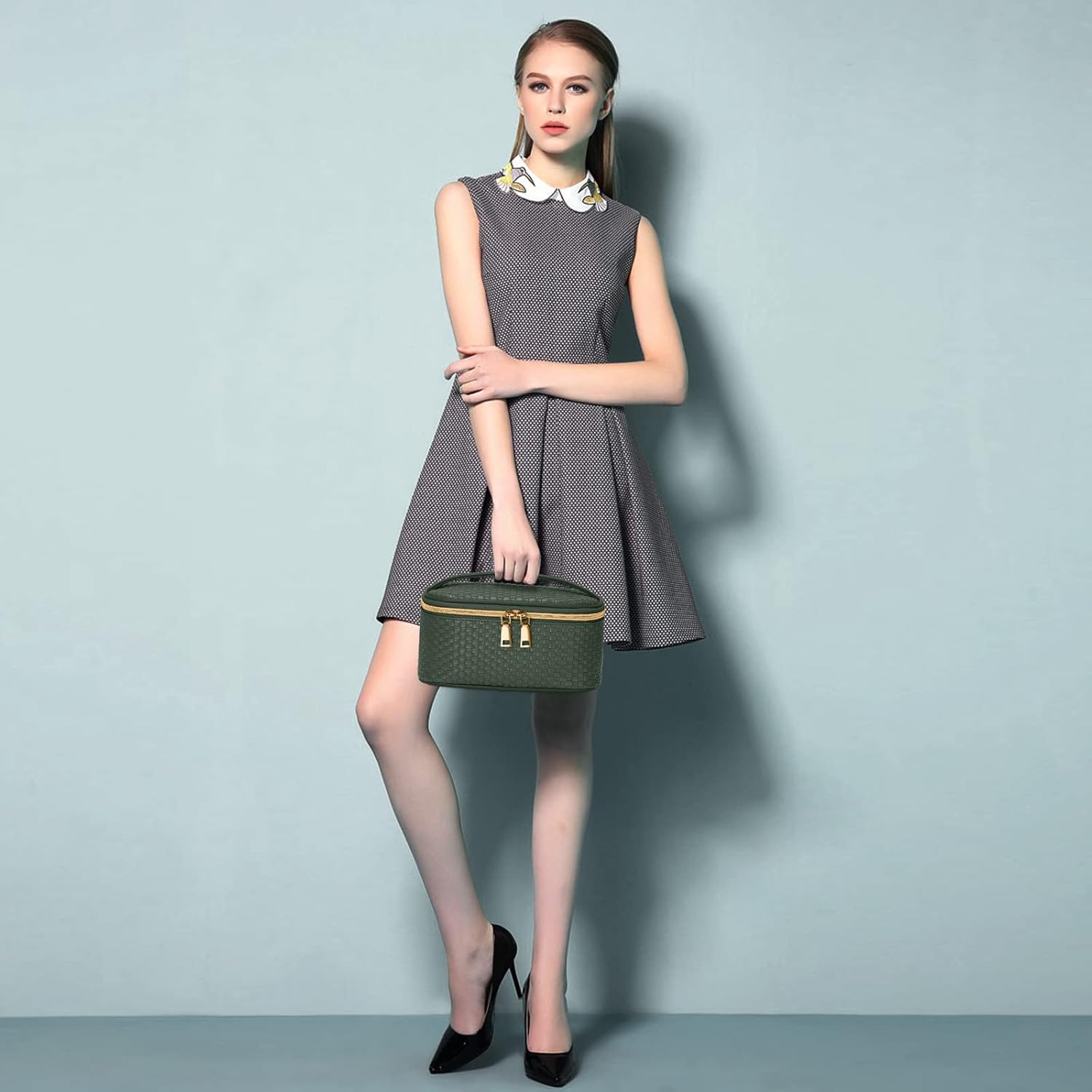 KTMOUW Makeup Bag 3 Pcs Waterproof Cosmetic Bag Set Portable Travel Cosmetic Bag Multifunction Organizer Storage Bag Weave Toiletry Bag for Women, Deep Green - Image 7