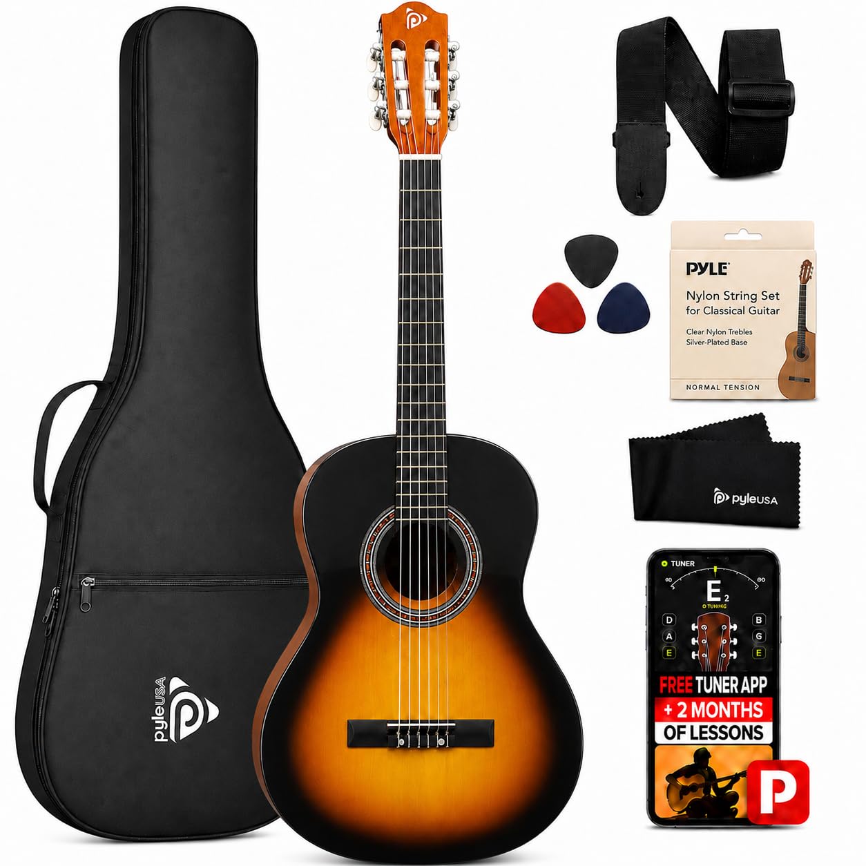 Pyle Zestaw Gitary Akustycznej Dla Początkujących, Instrument Drewniany Junior 1/2, 34" Sunburst Teardrop Matowy