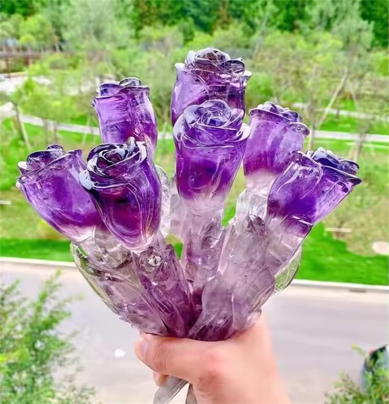 Natural Stones Crystal Flower Hand Carving Reiki Folk Crafts Amethyst Rose Flower Sculpture for Gift 18cm 1pc