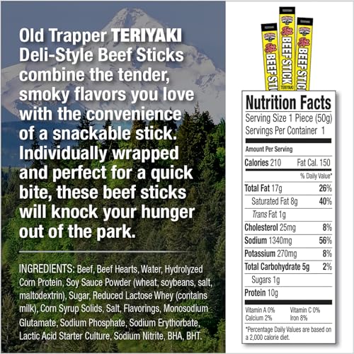 Image of Old Trapper Deli-Style Sausage Sticks, Teriyaki Flavor, 1.75-Ounce Individually Wrapped Packages, 10 Grams of Protein per Serving (Pack of 26)