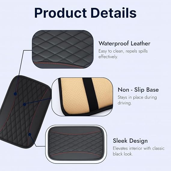 Universal Car Center Console Cushion Pad 19x31cm, Waterproof PU Leather Armrest Cover Protector, Comfortable Non-Slip Armrest Pad for Most Cars, Vehicles,Easy Install Black Interior Accessory