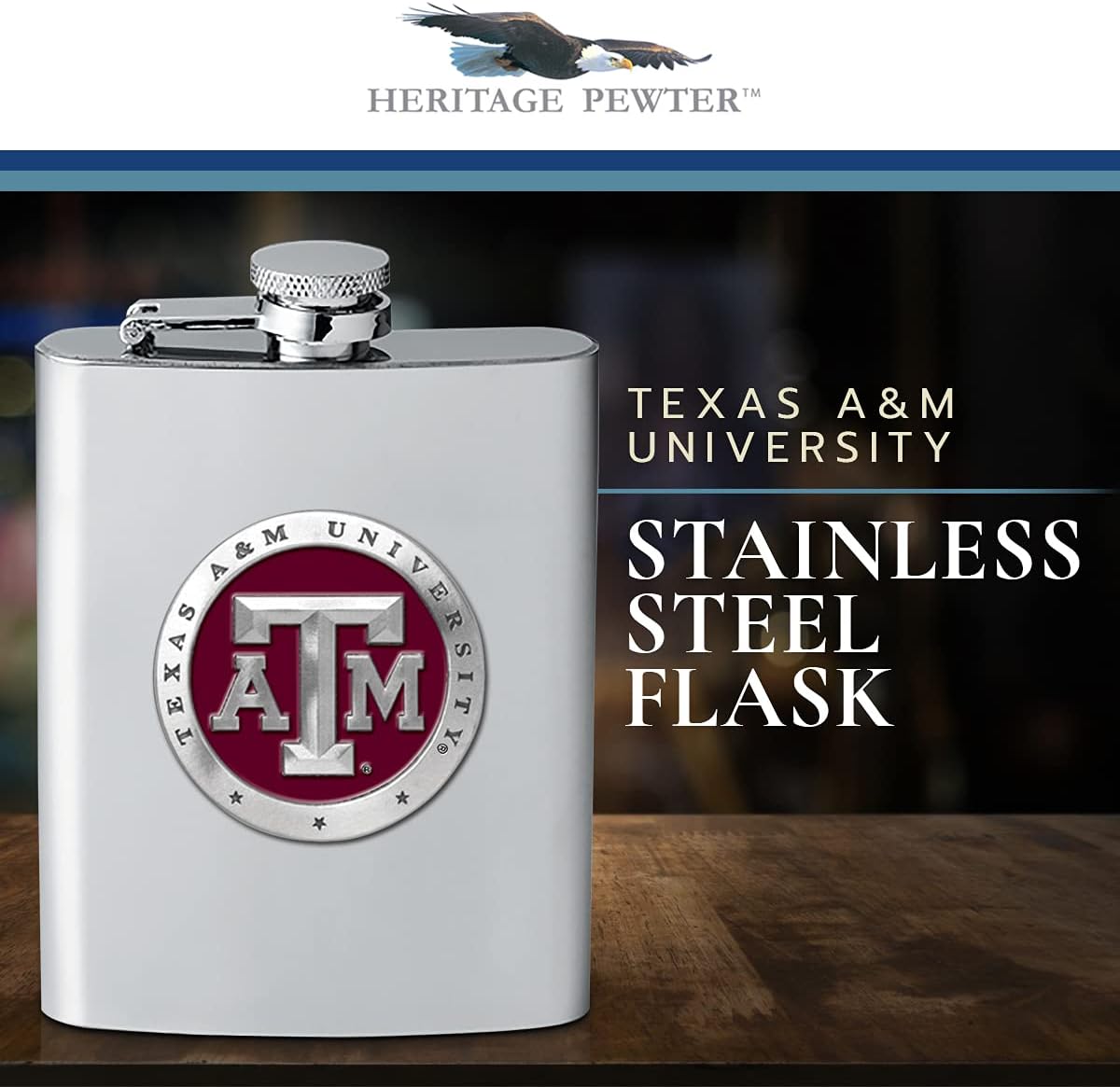 Heritage Pewter Texas A&M Aggies Flask | 8 Ounce Liquor Flask Container - Stainless Steel | Intricately Crafted Metal Pewter Alma Mater Inlay
