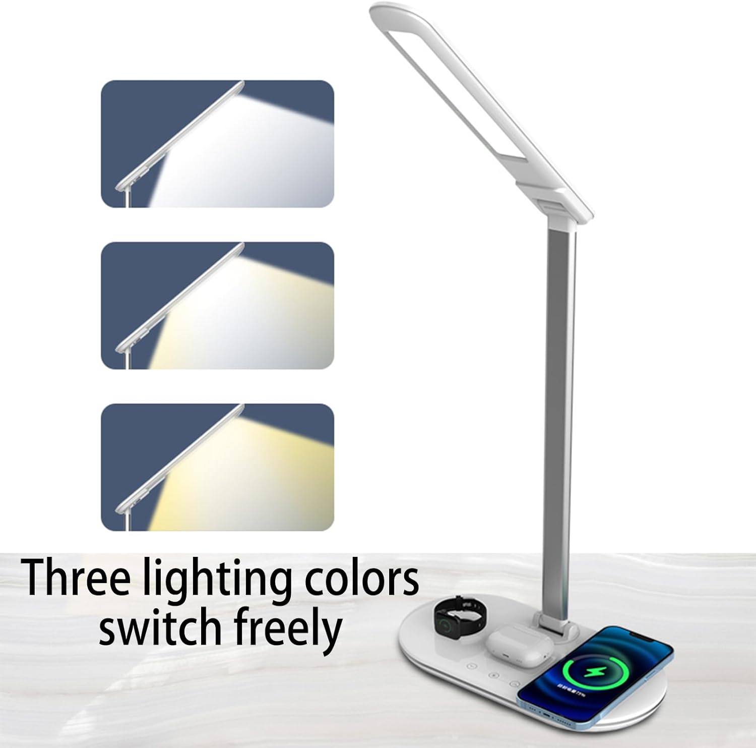 3-in-1 Wireless Charging Desk Lamp for Office&Home-15W Fast Qi Charger for Phone,Watch, AirPods,Adjustable Color&Brightness,Wide Angle Lighting,Touch Control,HYT2096 White.