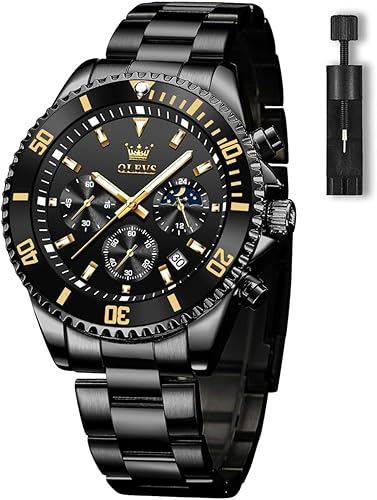 OLEVS Relojes para hombre con fecha, relojes analógicos de acero inoxidable dorado y plateado prémium para hombre, bisel giratorio clásico para