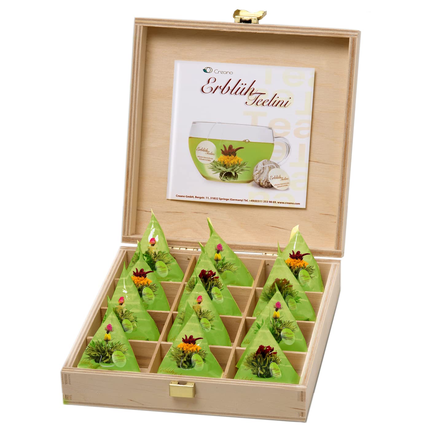 Creano Fiori di Tè Tèlini in un Formato di Tazza - Set regalo in una Scatola da Tè di legno - 12 fior di Tèlini di 4 Tipi diversi - Tè verde