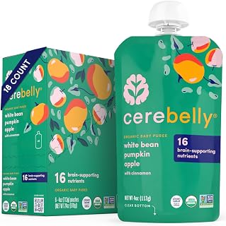 Cerebelly Organic Baby Food Pouches, Veggie Purees for Toddlers, No Added Sugar, Fiber, Non-GMO, 4 Ounce BPA-Free, White Bean Pumpkin Apple, 18 Count