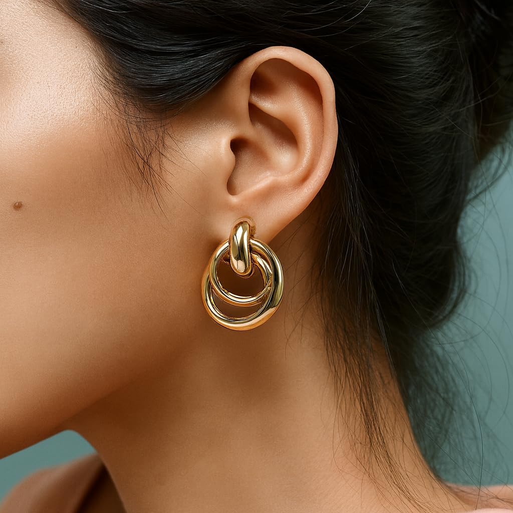 14K Gold Knot Link Clip On Earrings for Women, Chunky Statement Drop Dangle Clips Earrings Hypoallergenic for Non Pierced Ears Jewelry Gifts - Image 3