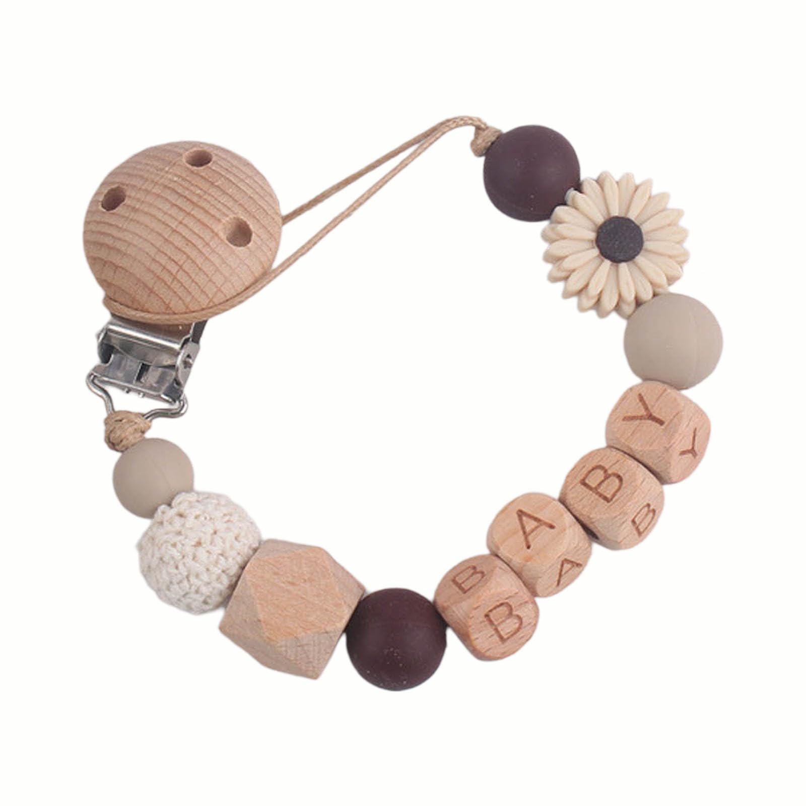 Play Activity Toy Flower Pacifier Clip Silicone Bead Pacifier Clip For Baby Girls And Boys With Birthday Present Lollipop Beadless Silicone Baby Wood (Beige, One Size)