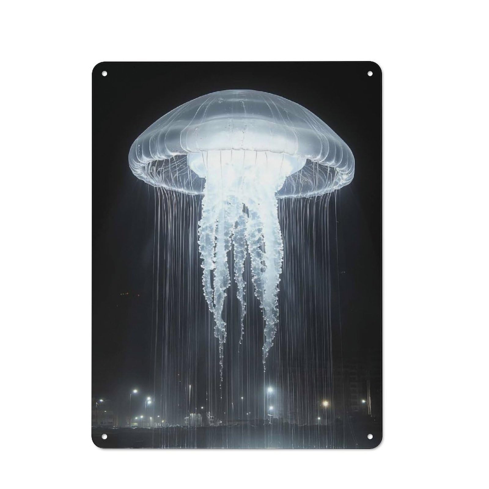 Junmoney Style-10 Retro Illuminated Jellyfish Sculpture At Night Vintage Metal Sign 40X30cm, Restaurant Wall Art For Coffee Bar, Small Shop Or Dining Room