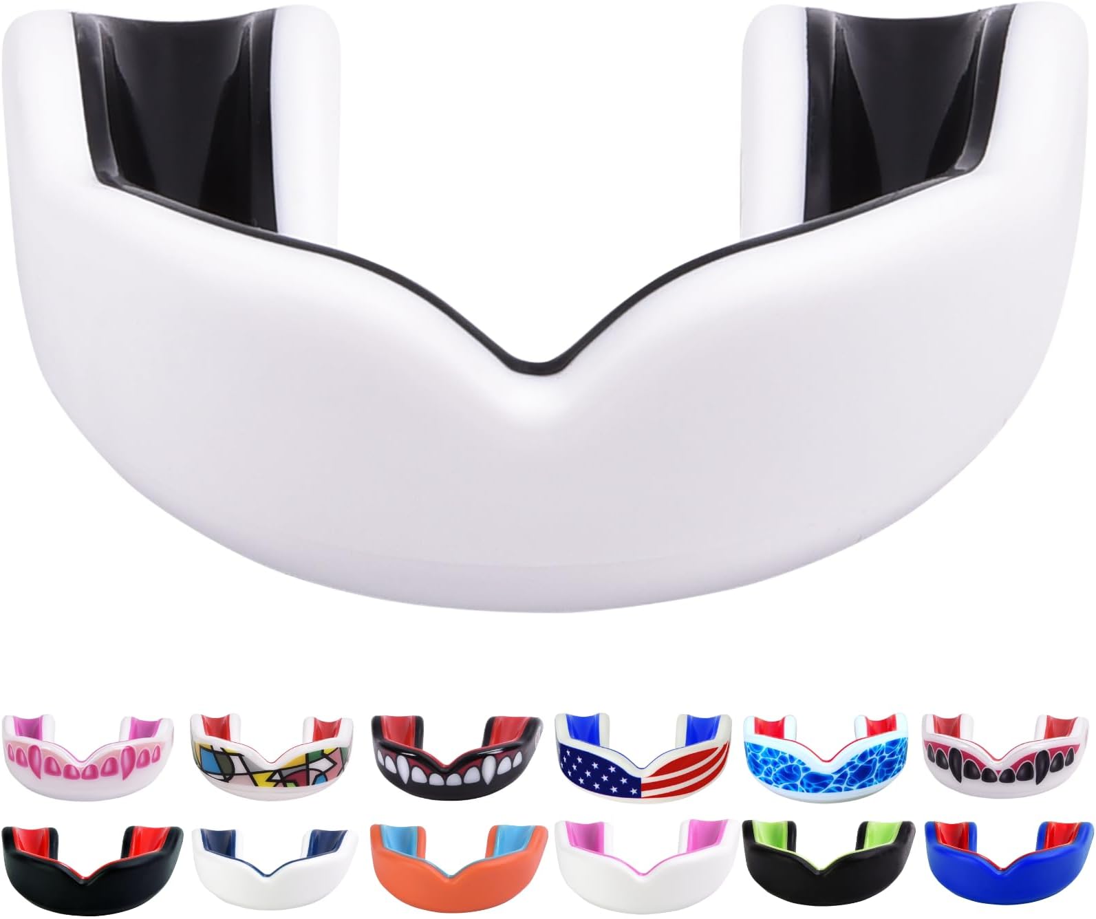 Youth Sports Mouth Guard for Kids (USA Flag, Fangs, 20+ Colors to Choose from) Mouthguard for Football, MMA, Karate, Boxing, Rugby, BJJ, Flag Football – /w Case (Youth, Strapless)