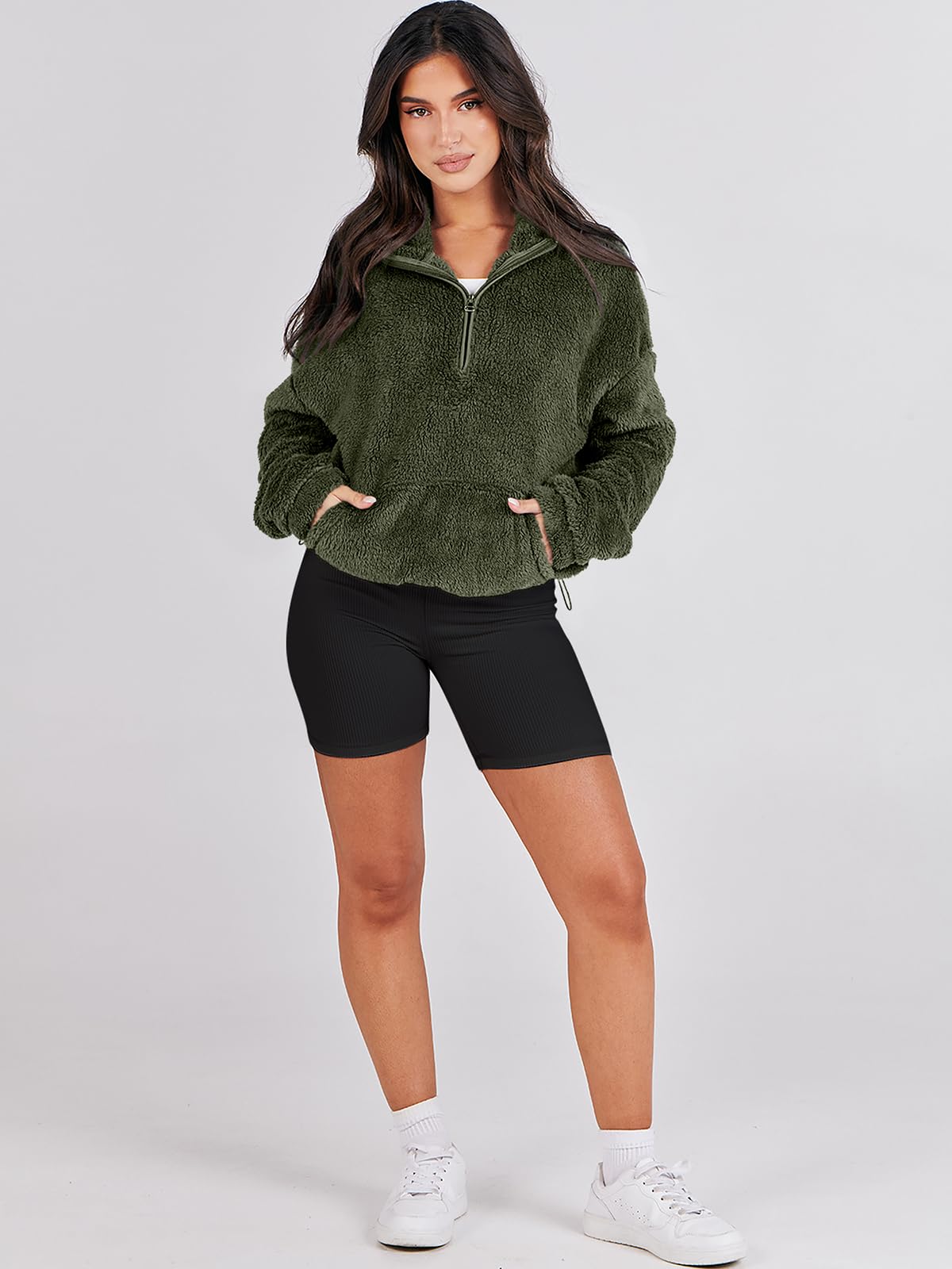 Damskie rozpinane bluzy oversize przycięte bluzy z kapturem na co dzień sweter z polaru topy 2024 moda jesienna, ciemnozielony, XL