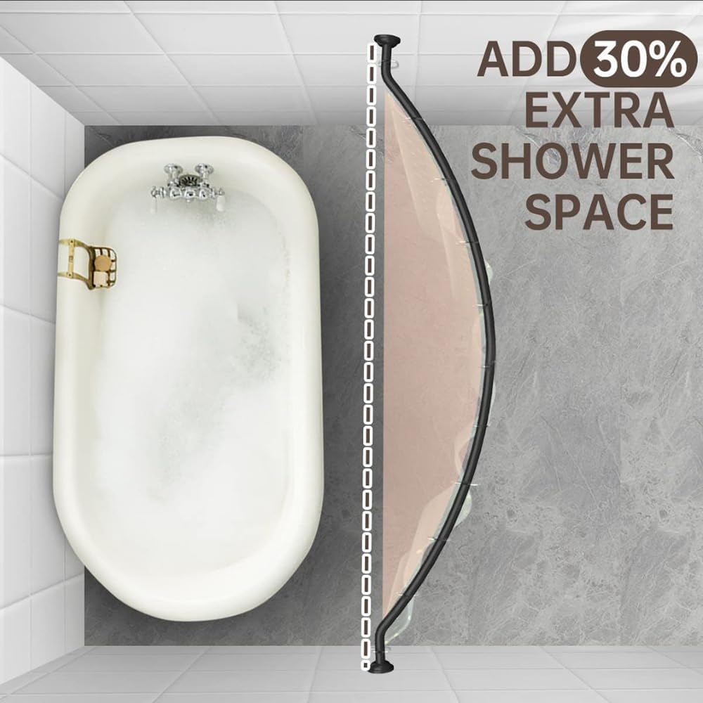Adjustable Black Curved Shower Curtain Rod, 42-72 Inches Shower Curtain Rod for Bathroom and Bathtub, Extra Space Rustproof Expandable Stainless Steel Shower Rod Wall Mounted, Need to Drill