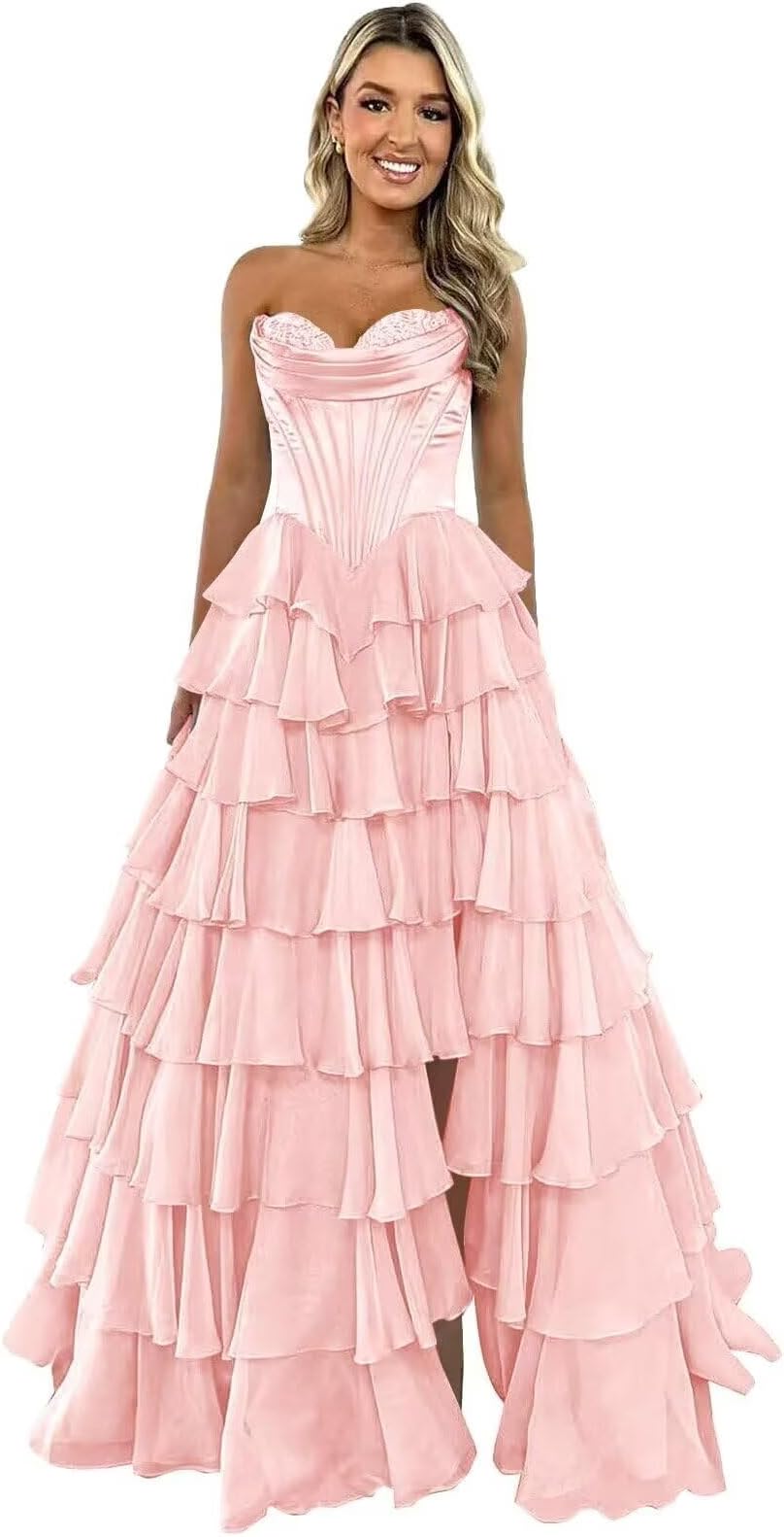 GATMAHE Tulle Floral Prom Dresses for Teens 2026 Tiererd Long Ball Gown Strapless Sweetheart Formal Evening Gowns with Slit