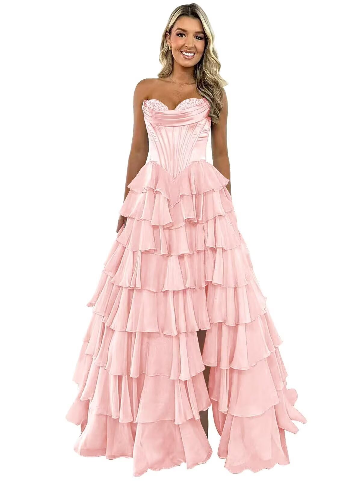 GATMAHE Tulle Floral Prom Dresses for Teens 2025 Tiererd Long Ball Gown Strapless Sweetheart Formal Evening Gowns with Slit