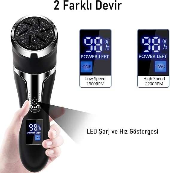 Valkyrie Profesyonel Ayak Bakım Cihazı 360° Dönen Başlık Dijital Ekranlı, Şarjlı & 10 Parça Pedikür Kiti Siyah