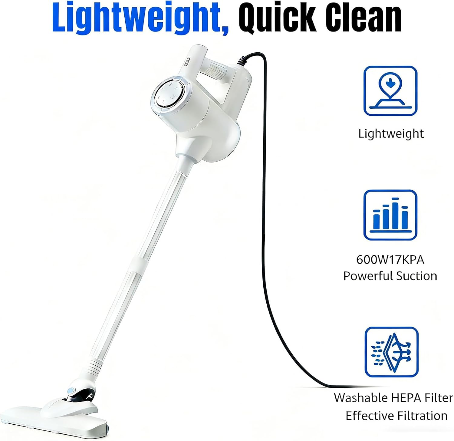 33FT Extra-Long Power Cable Corded Stick Vacuum Cleaner, 600W Powerful Suction Lightweight 2-in-1 Handheld Vacuum, 1.5L Dust Cup, Washable HEPA Filter, Corded Vacuum for Hard Floors, Tiles