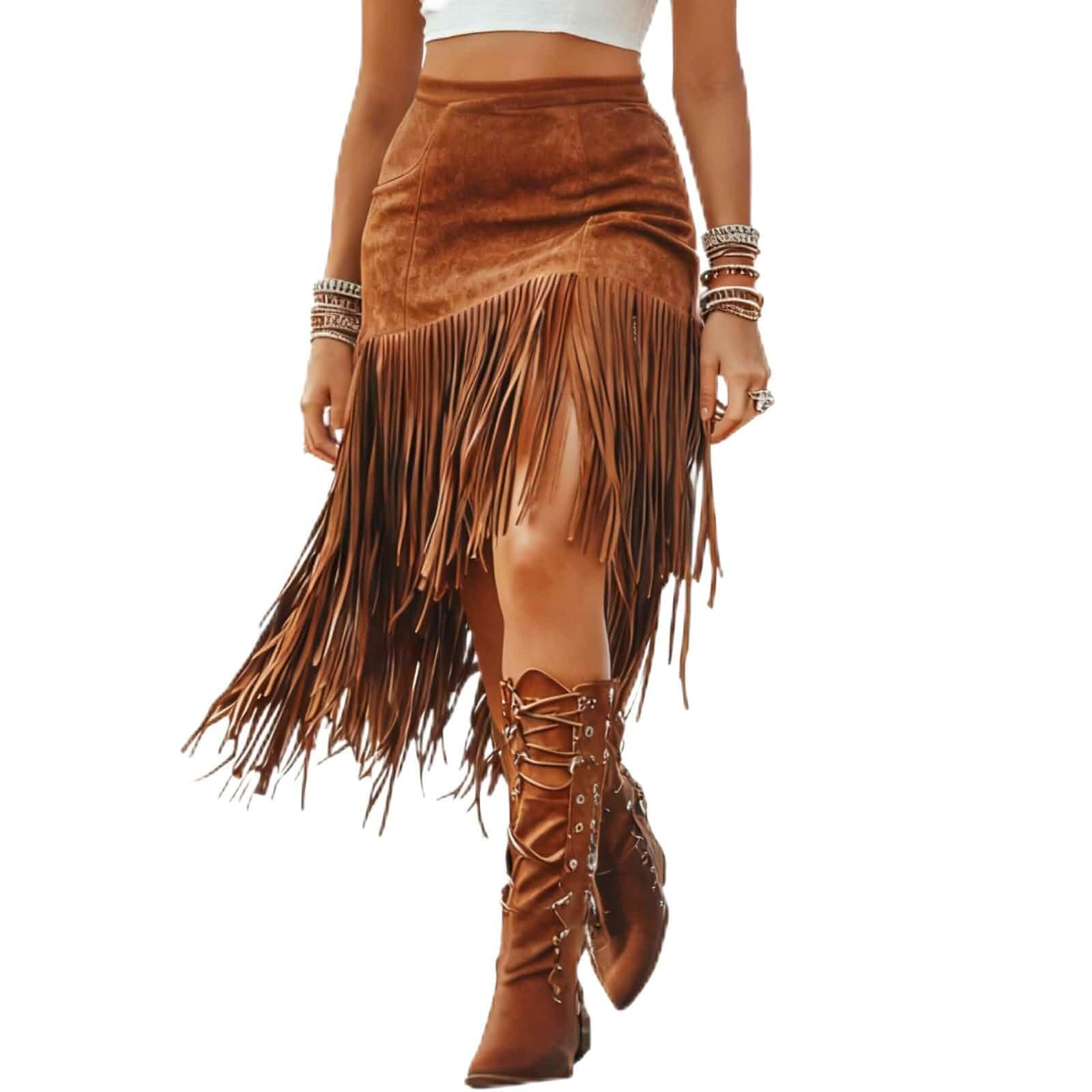 Women Fringe Suede Skirt, Irregular Western Faux Suede Tassel Skirt High Waist Cowlgirl Short Skirts