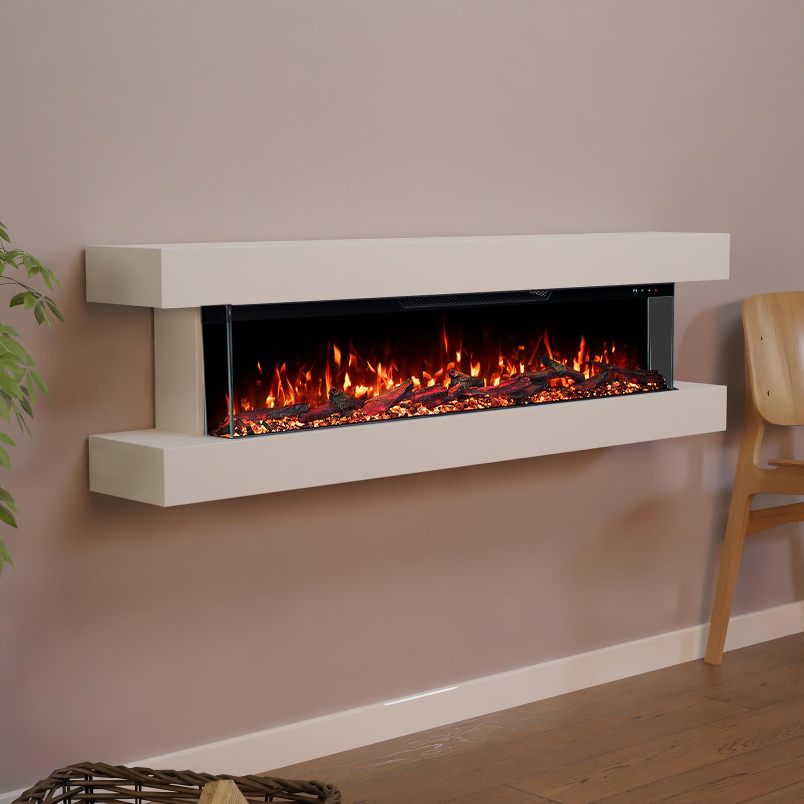 GLOW FIRE Kominek elektryczny Clear Wall z realistycznym ogniem LED 3D – ścienny kominek elektryczny z ogrzewaniem i ogniem, sterowanie za pomocą aplikacji, efekt trzaskania i timer, maks. 1800 W, 137