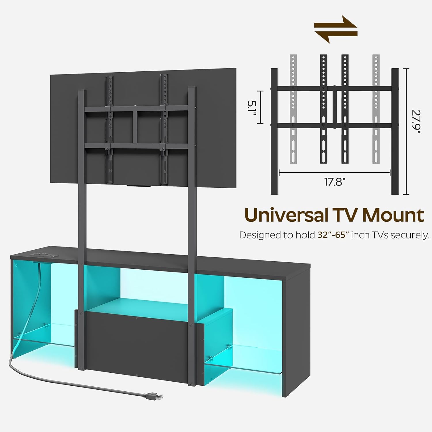 TV Stand with Mount and Power Outlet, Entertainment Center with LED Lights for 45/55/60/65 inch TVs, TV Console Table with Storage Cabinet, for Living Room, Bedroom, Black DS21UDBB - Image 7