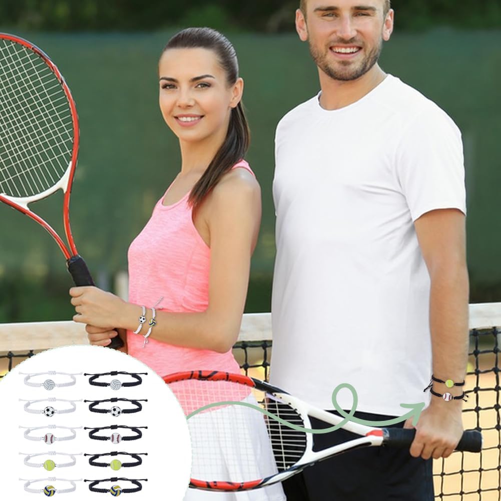 AHANDMAKER 10pcs 10 Styles Braided Sport Bracelets, Adjustable Sports Theme Charm Jewelry Baseball Football Tennis Volleyball Souvenir Woven Rope Jewelry for Friends Sport Team Players - Image 5