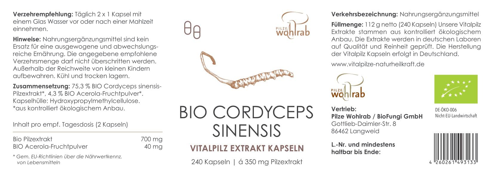 Bio Cordyceps Kapseln hochdosiert - 350 mg Cordyceps sinensis Extrakt je Kapsel - Bio Acerola Vitamin C - 1 Dose à 240 Stück - Nahrungsergänzungsmittel