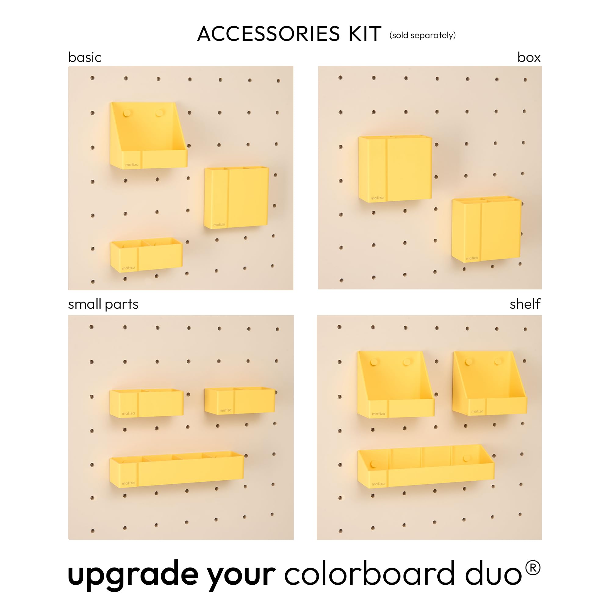 Perforated Wall Board, pegboard, Desk Organizer, Tool Panel, Perforated Panel, Matiza (50 cm x 70 cm, Lavender, Biscuit, Blue, Yellow) - with Boxes Accessories Basic Kit (Yellow)