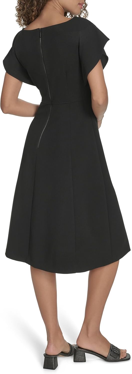 Calvin Klein Womens Extended Shoulder Boatneck Knee Length Crepe Fit & Flare Dress - Image 3
