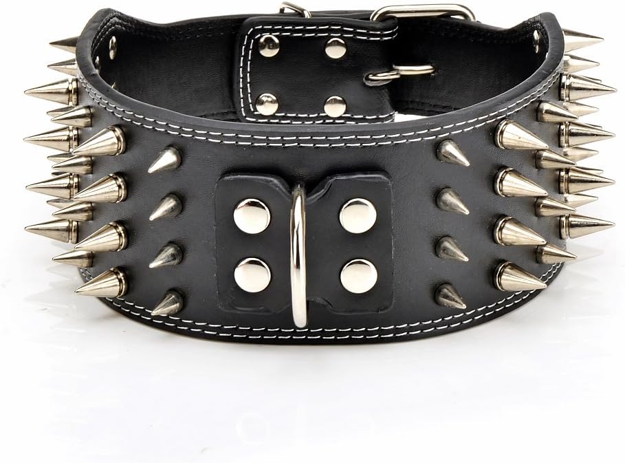 Pet Kingdom 20-26'' Genuine Leather 4 Rows Spiked Dog Pet Collars (Black, X-Large)