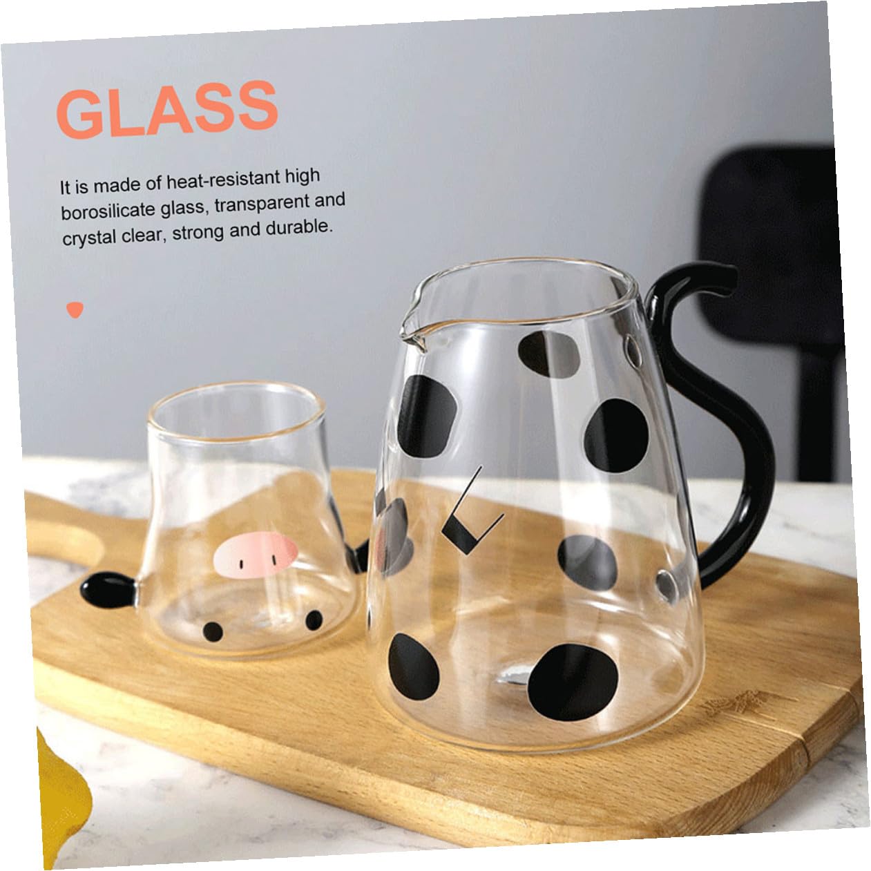 Kreative Cartoon Kuh Glaskaraffe Hitzebeständig Klarer Glas Wasserkrug mit Becher Set Multifunktionaler Kaltes Wasser Spender für Tee Milch Saft und Getränke