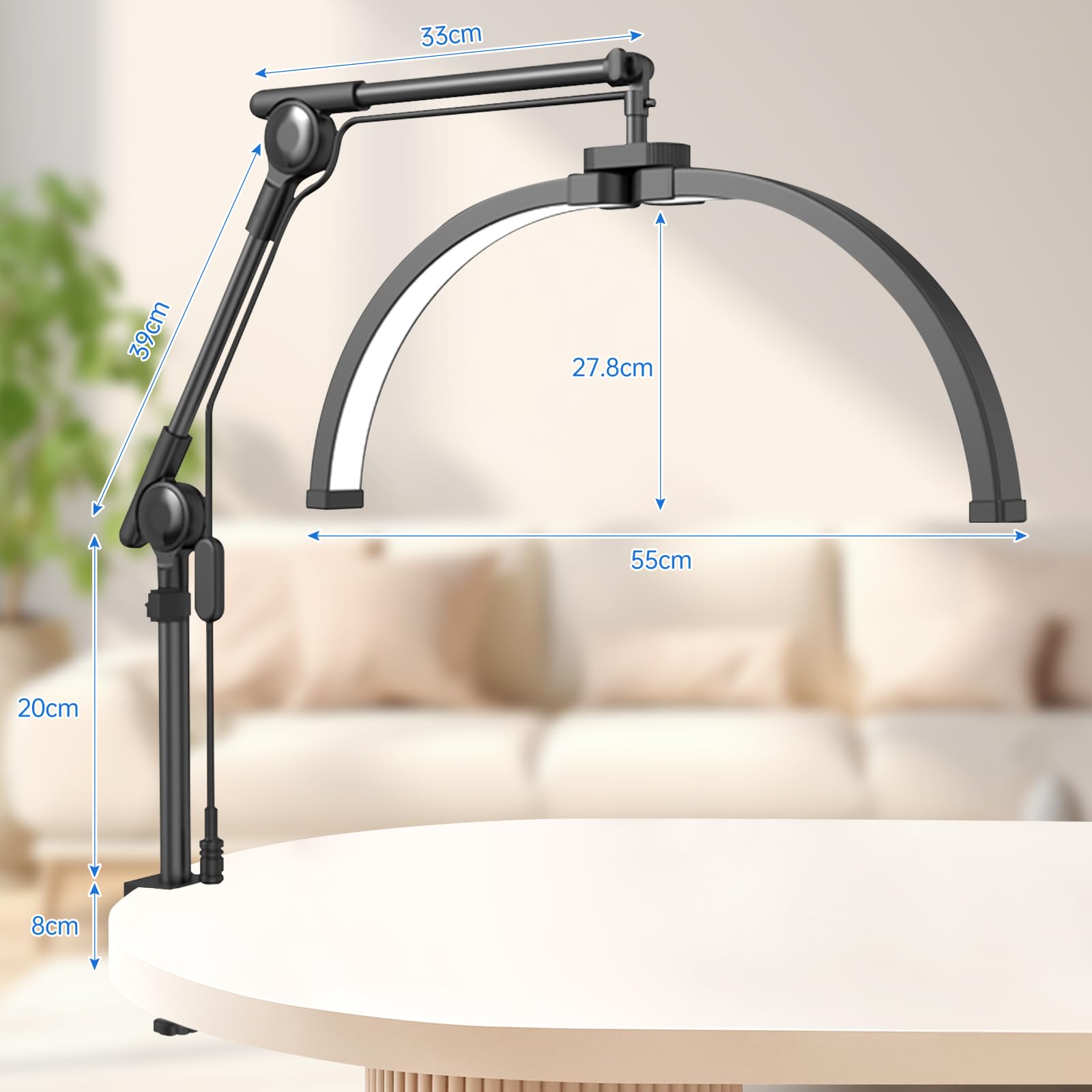 Lampa LED do rzęs, 50 cm, półksiężyc ze stojakiem na telefon, 3000-6500 K, światło do przedłużania rzęs, piękno światła do makijażu, paznokci, twarzy i tatuażu