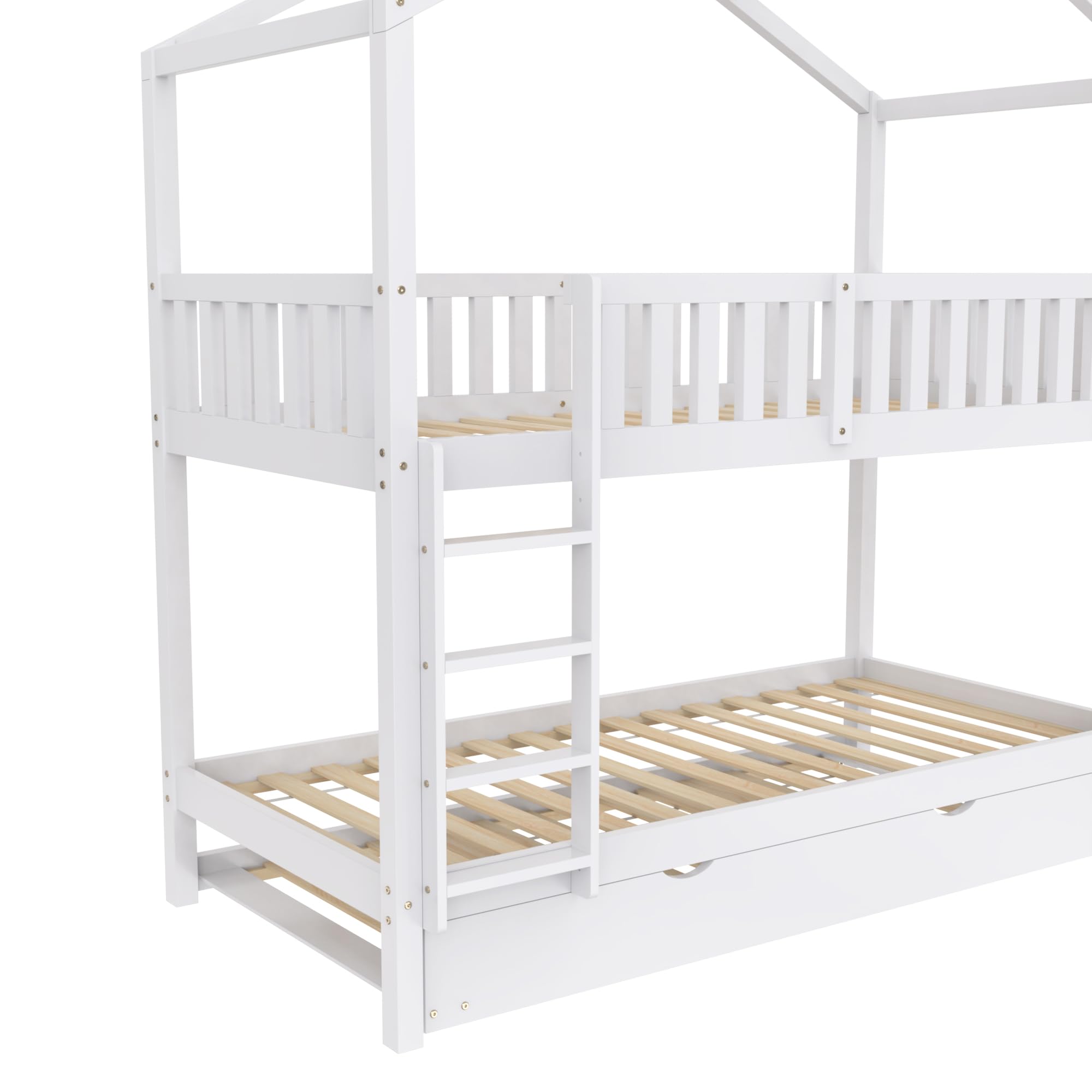 Azkoeesy Letto a Castello con Letto Estraibile per 3 bambini, design a forma di casa, con scale di sicurezza e protezione anticaduta, base per 3 letto, legno di pino, bianco - N634W0001A