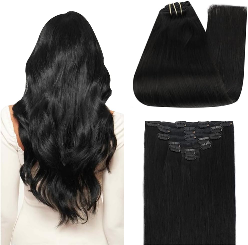 Ms Lula Clip in Hair Extensions for Women, 16 Inch 150g 7pcs Human Hair Extensions Clip In Human Hair, Soft & Natural, Handmade Real Human Hair Extensions, Jet black