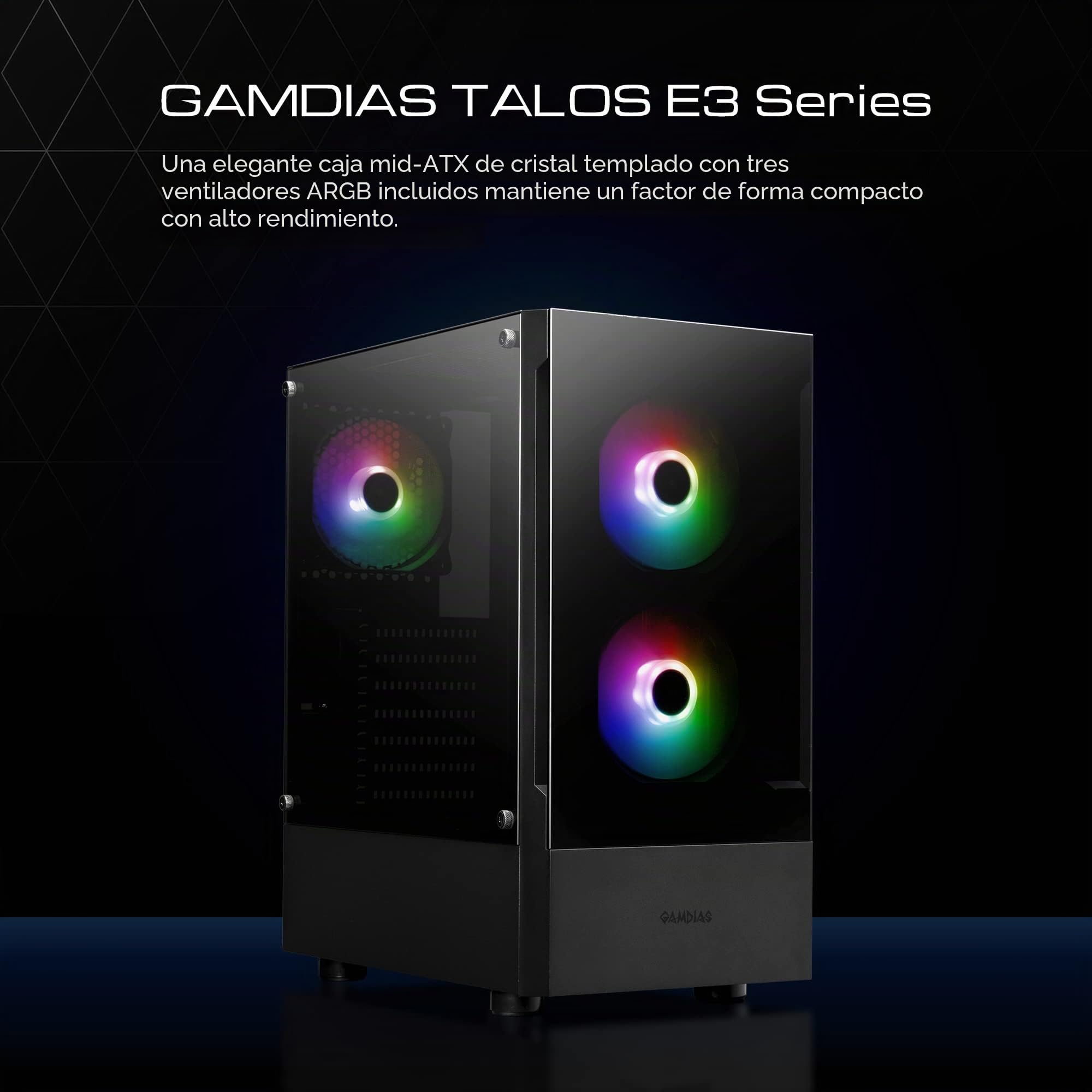 GAMDIAS TALOS E3 Caja para PC ATX Mid Torre, 3 Ventiladores ARGB 120 mm, Panel Vidrio Templado sin Herramientas, Soporte ATX, Diseño con Cubierta de PSU, Negro