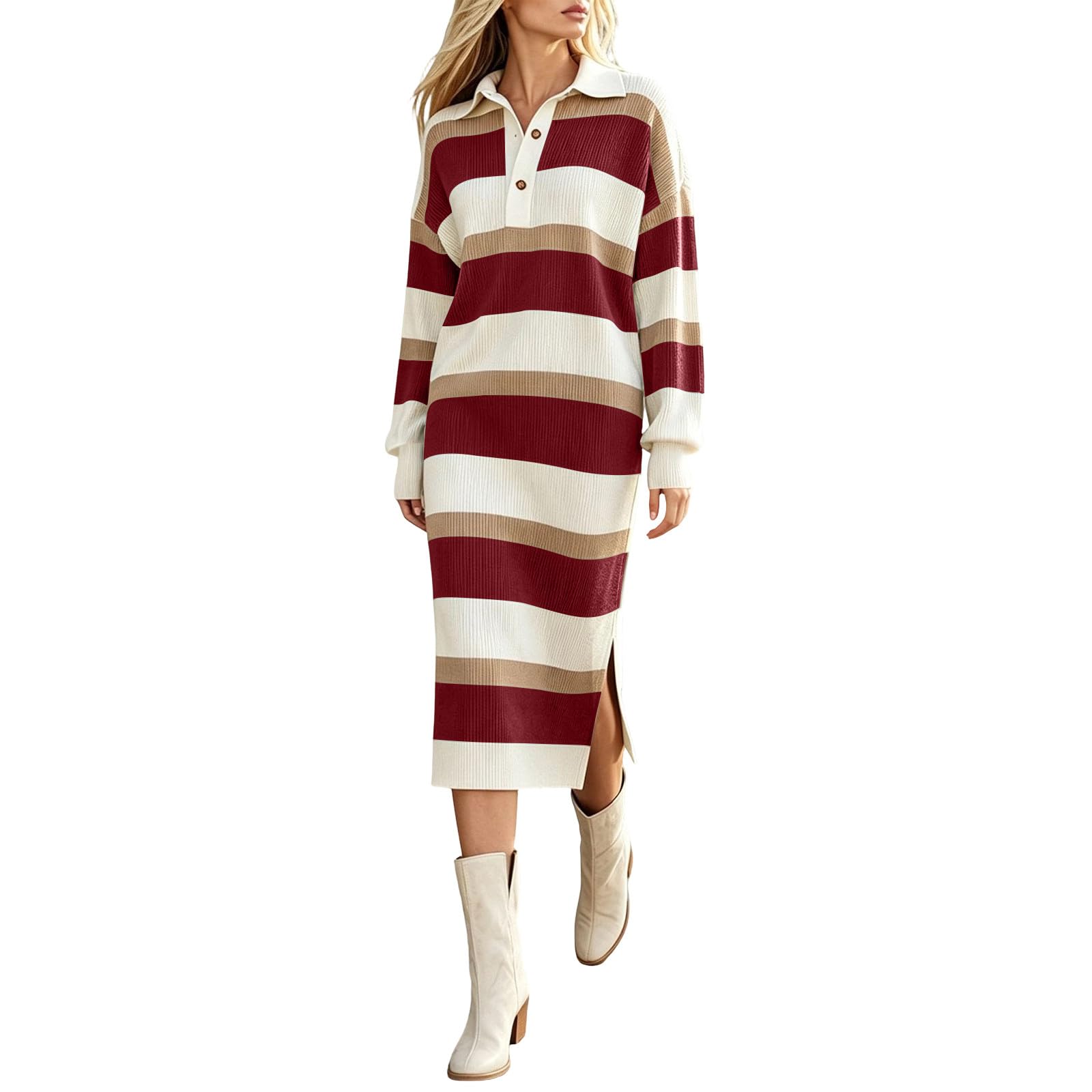 Herbstkleid Damen Strickkleid Langarmkleid Wickelkleid Kleid Langarm