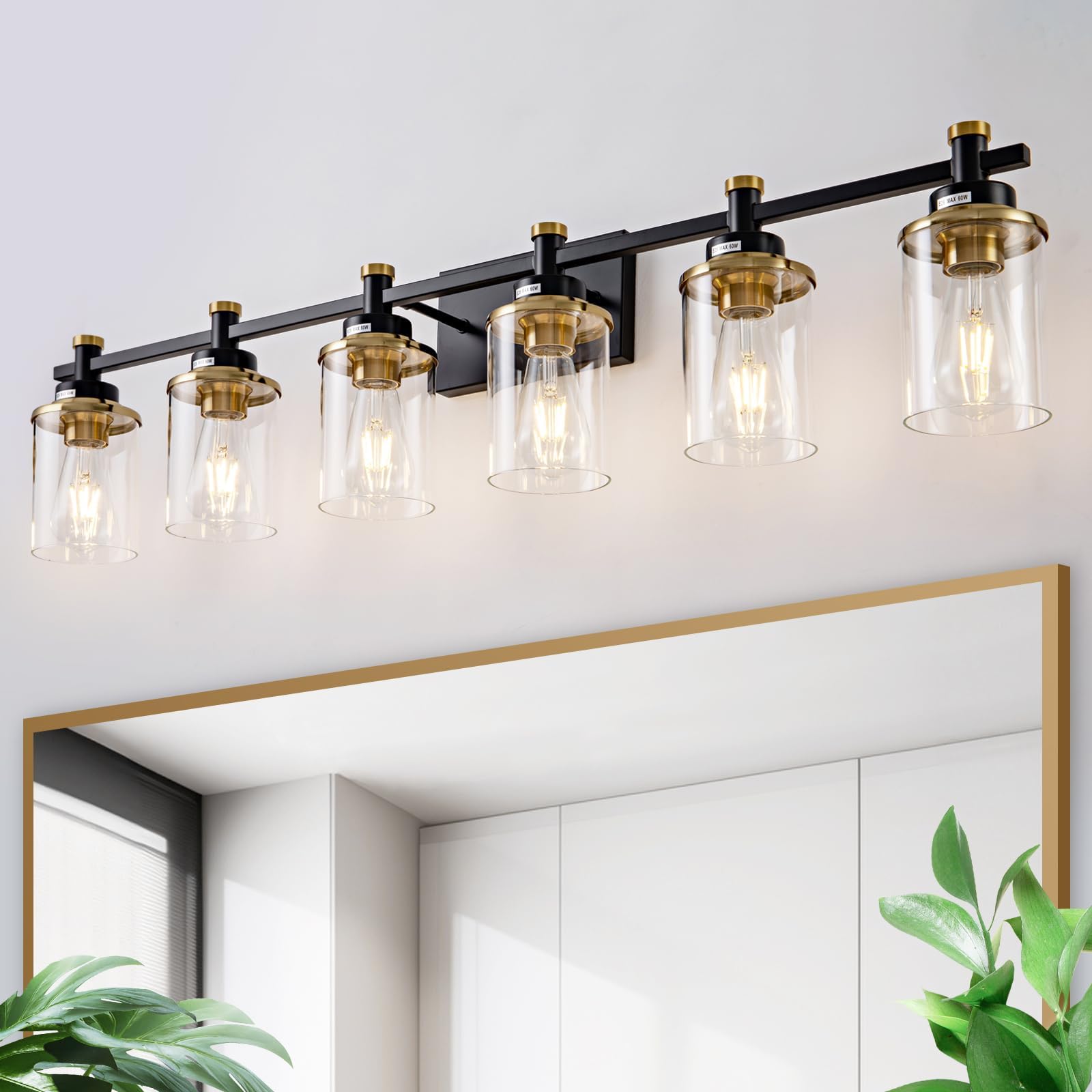 6 Bathroom Vanity Lights, Black and Gold Bathroom Light Fixtures, Sconces Wall Lighting with Clear Glass Shade, Modern Brushed Gold Vanity Lighting Fixtures for Bathroom, Bedroom, Hallway