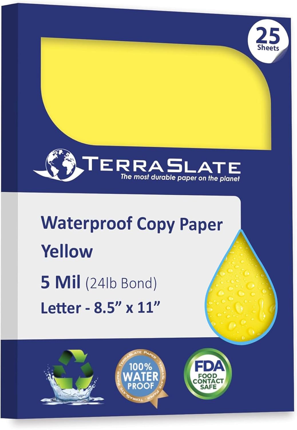 TerraSlate Waterproof Paper, Rip-Proof Colored Paper, Yellow, 25 Sheets, 5 Mil (24lb Bond), 8.5" x 11", Laser Printer and Copy Machine Compatible