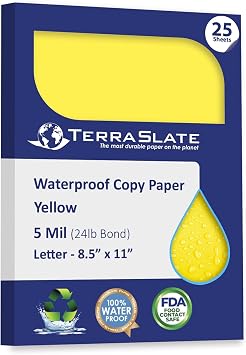 TerraSlate Waterproof Paper, Rip-Proof Colored Paper, Yellow, 25 Sheets, 5 Mil 24lb Bond, 8.5" x 11", Laser Printer and Copy Machine Compatible